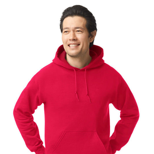 Man wearing a red pullover hoodie