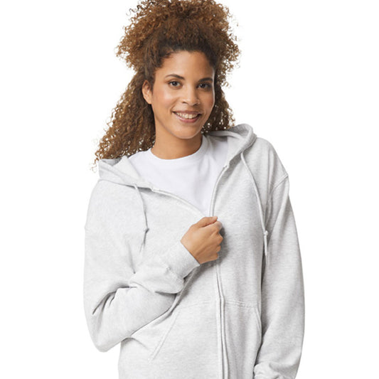 young woman in a full zip hoodie